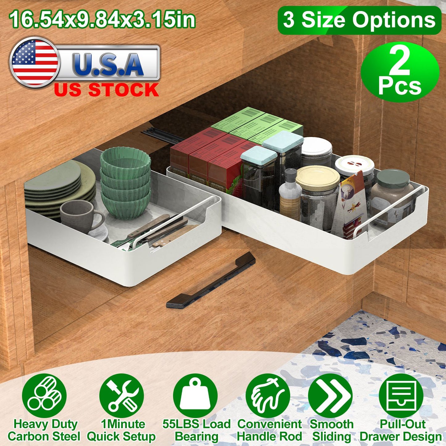 Pull Out Cabinet Organizers - 2 Pack Carbon Steel Sliding Drawers