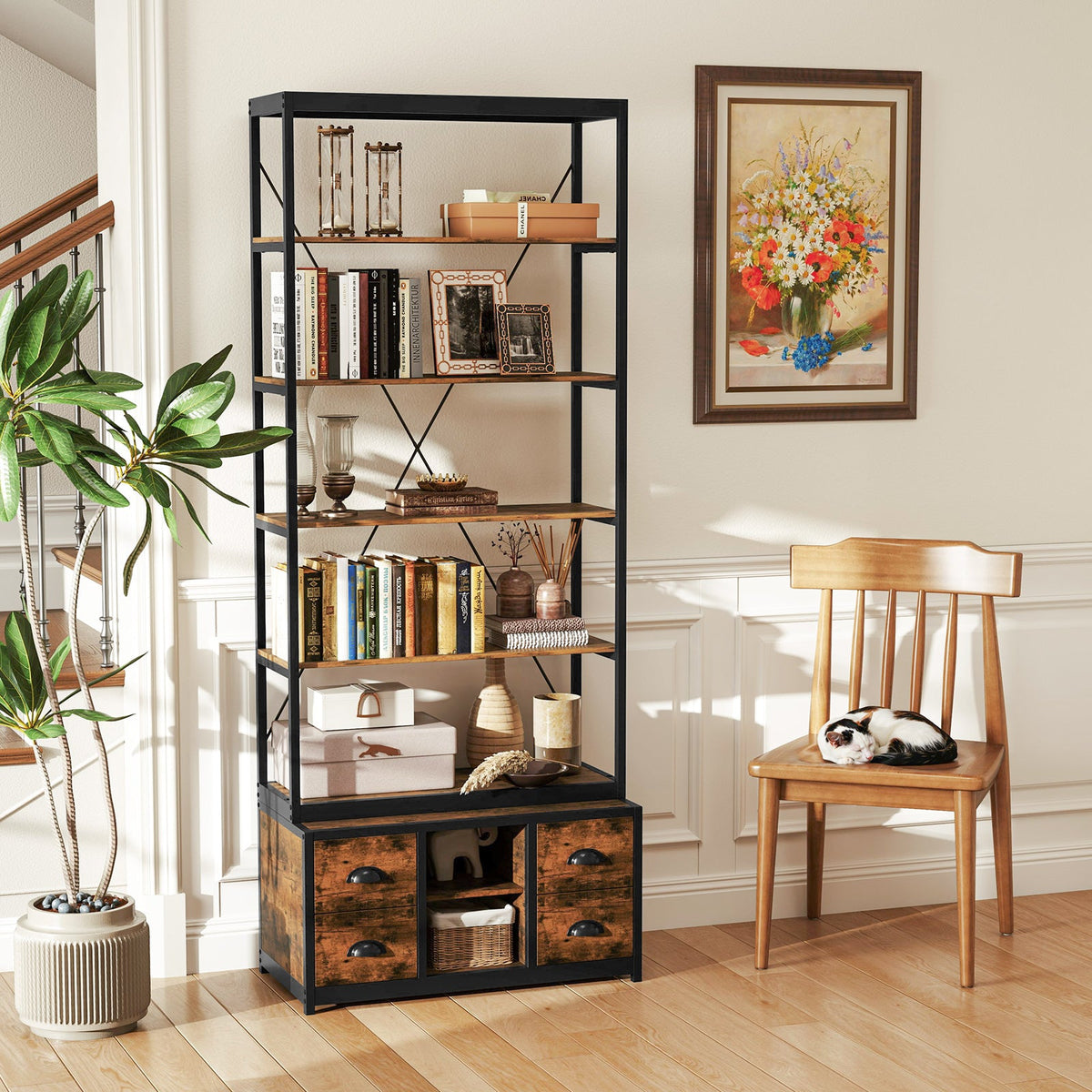 8-tier Bookshelf with 4 Fabric Drawers  and Heavy-duty Metal Frame-Coffee
