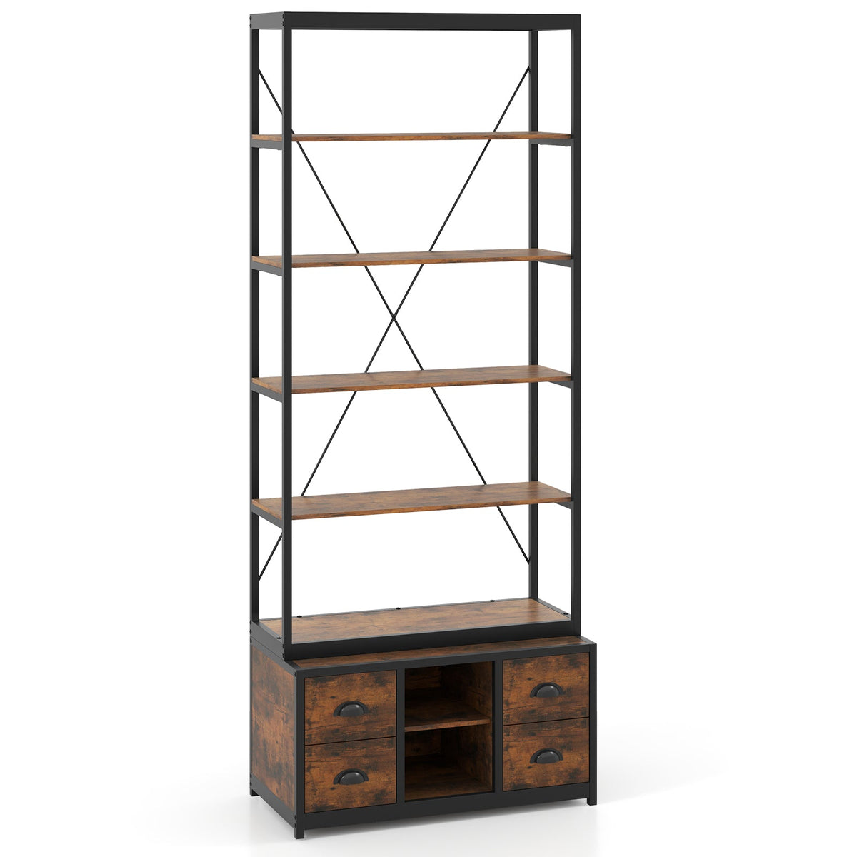 8-tier Bookshelf with 4 Fabric Drawers  and Heavy-duty Metal Frame-Coffee