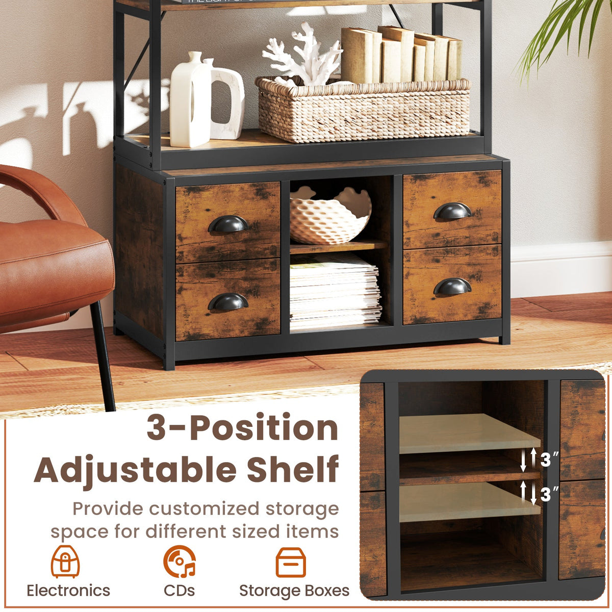8-tier Bookshelf with 4 Fabric Drawers  and Heavy-duty Metal Frame-Coffee