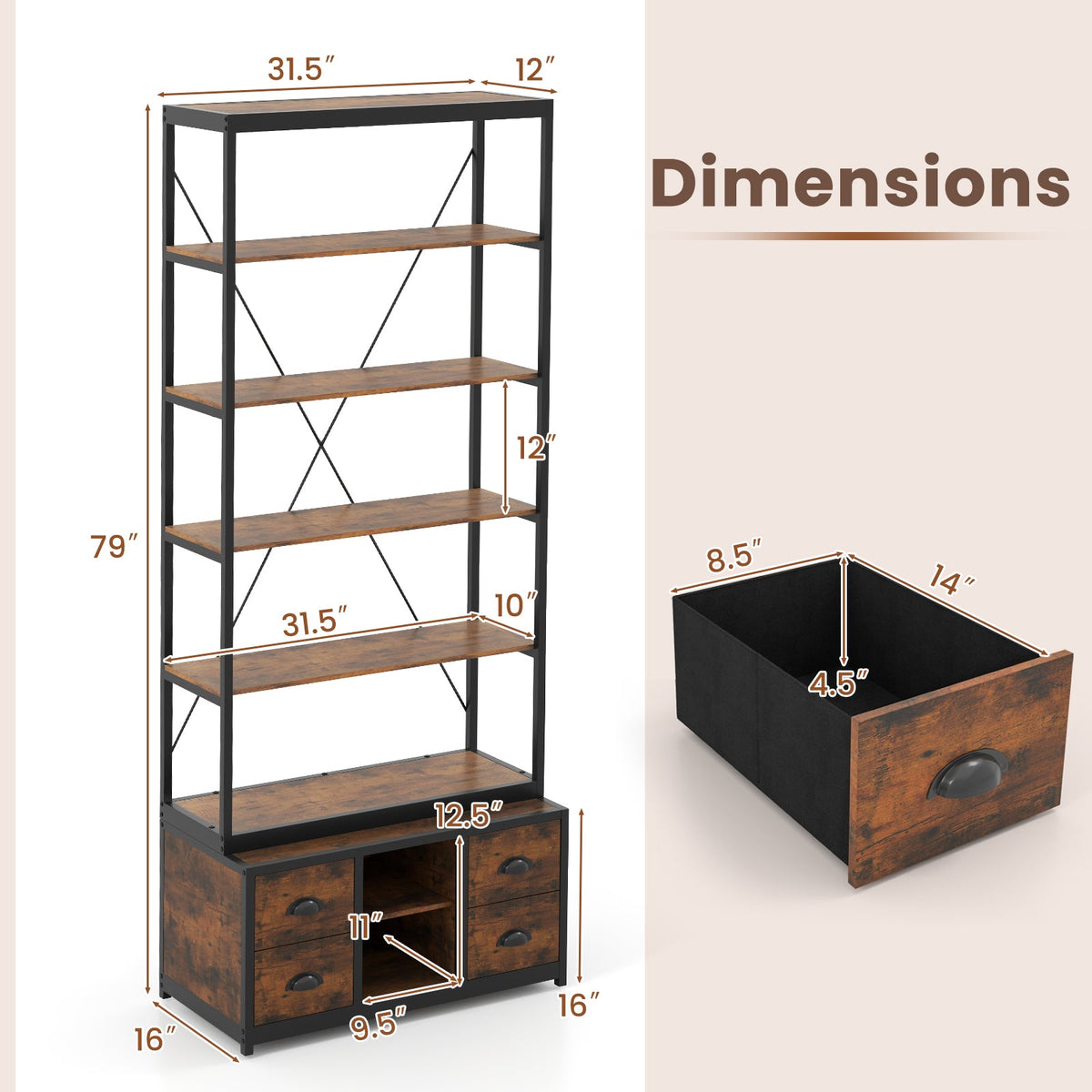 8-tier Bookshelf with 4 Fabric Drawers  and Heavy-duty Metal Frame-Coffee