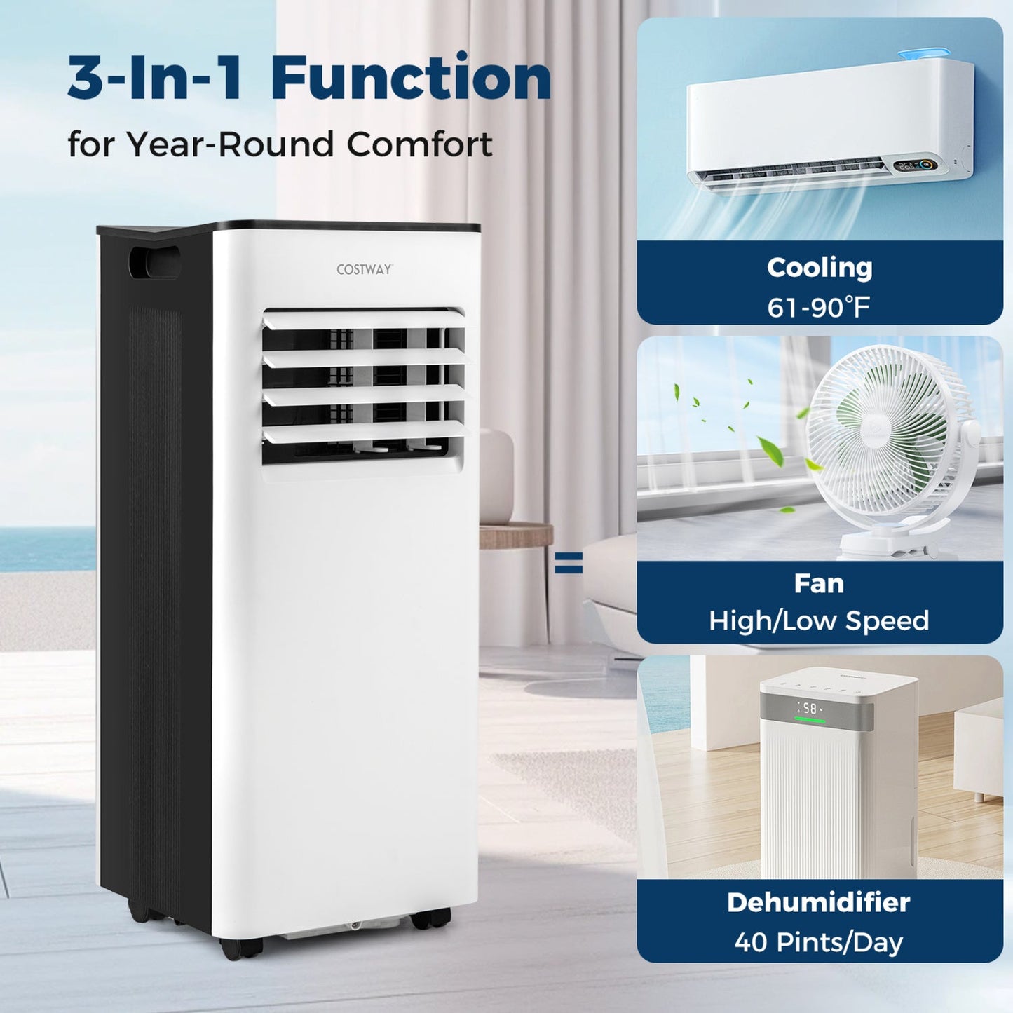 10000 BTU Portable Air Conditioner with Fan and Dehumidifier and LED Display