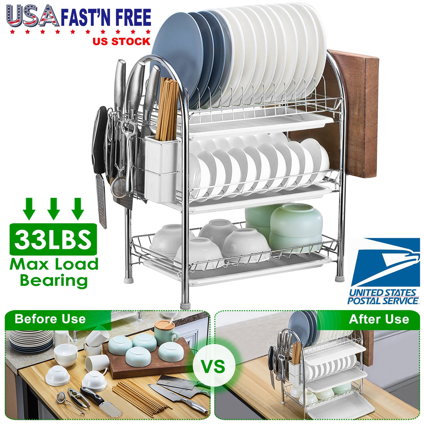 3-Tier Dish Drying Rack with Utensil Holder & Drain Trays