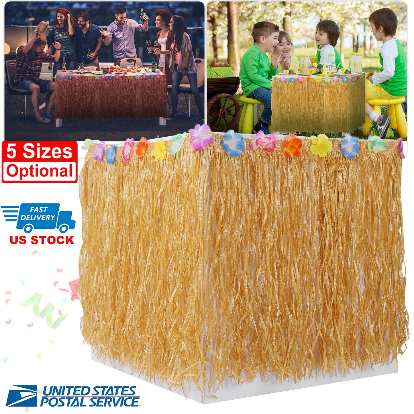 Grass Table Skirt with Hibiscus Flowers for Luau Party
