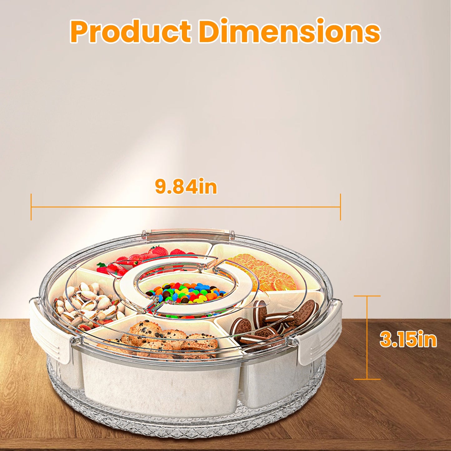 Divided Serving Tray with Lid - 6 Compartments, Rotatable