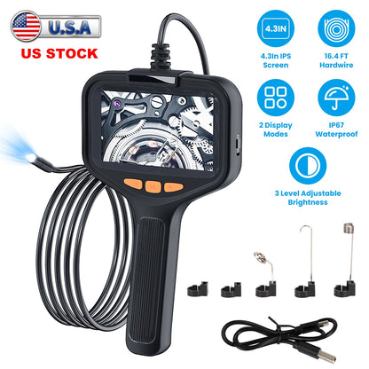 4.3in Inspection Camera with Light Articulating Borescope Endoscope Camera with 16.4FT Wire 2 Modes 3 Adjustable Brightness IP67 Waterproof for Plumbi