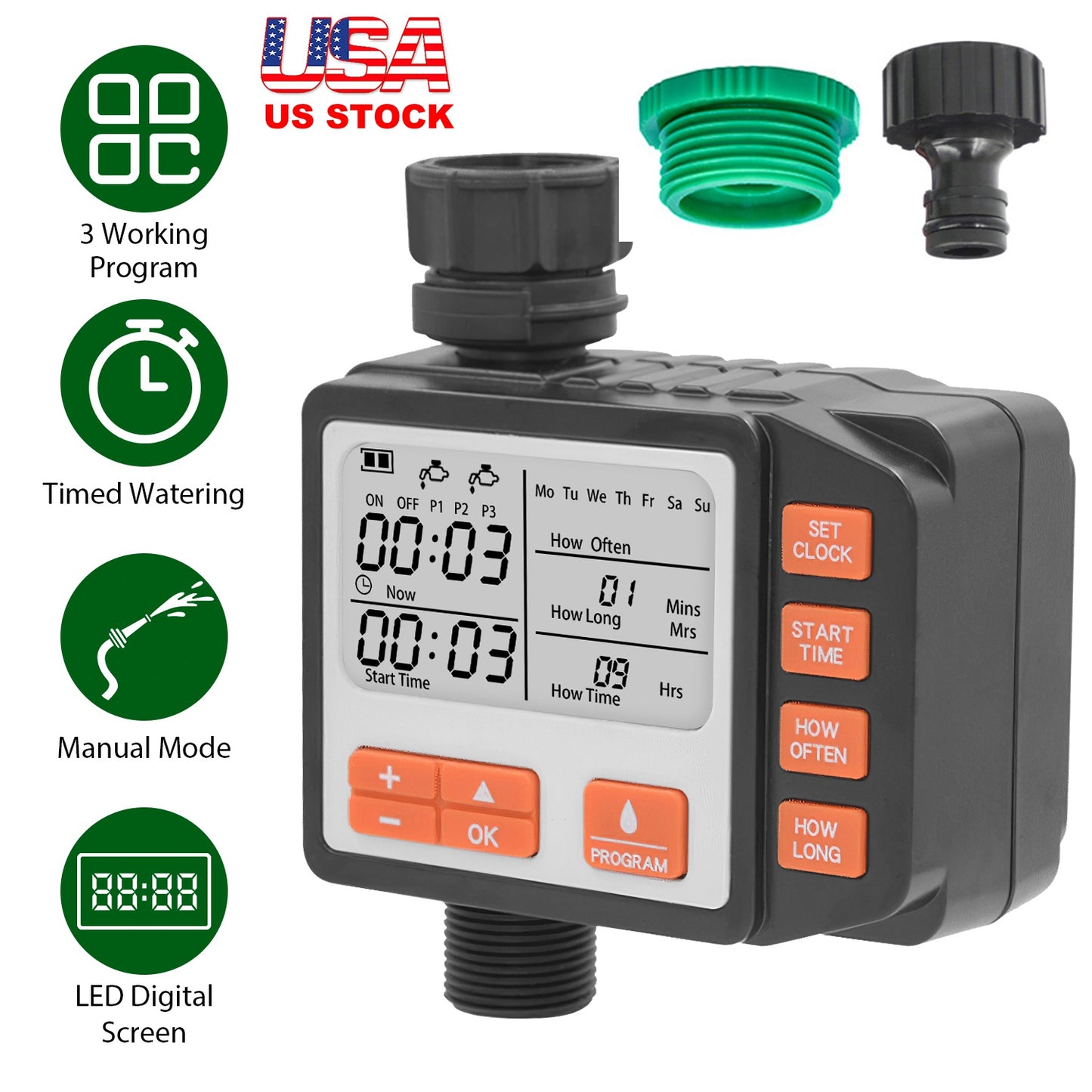 Sprinkler Timer with 3 Watering Programs and LED Display