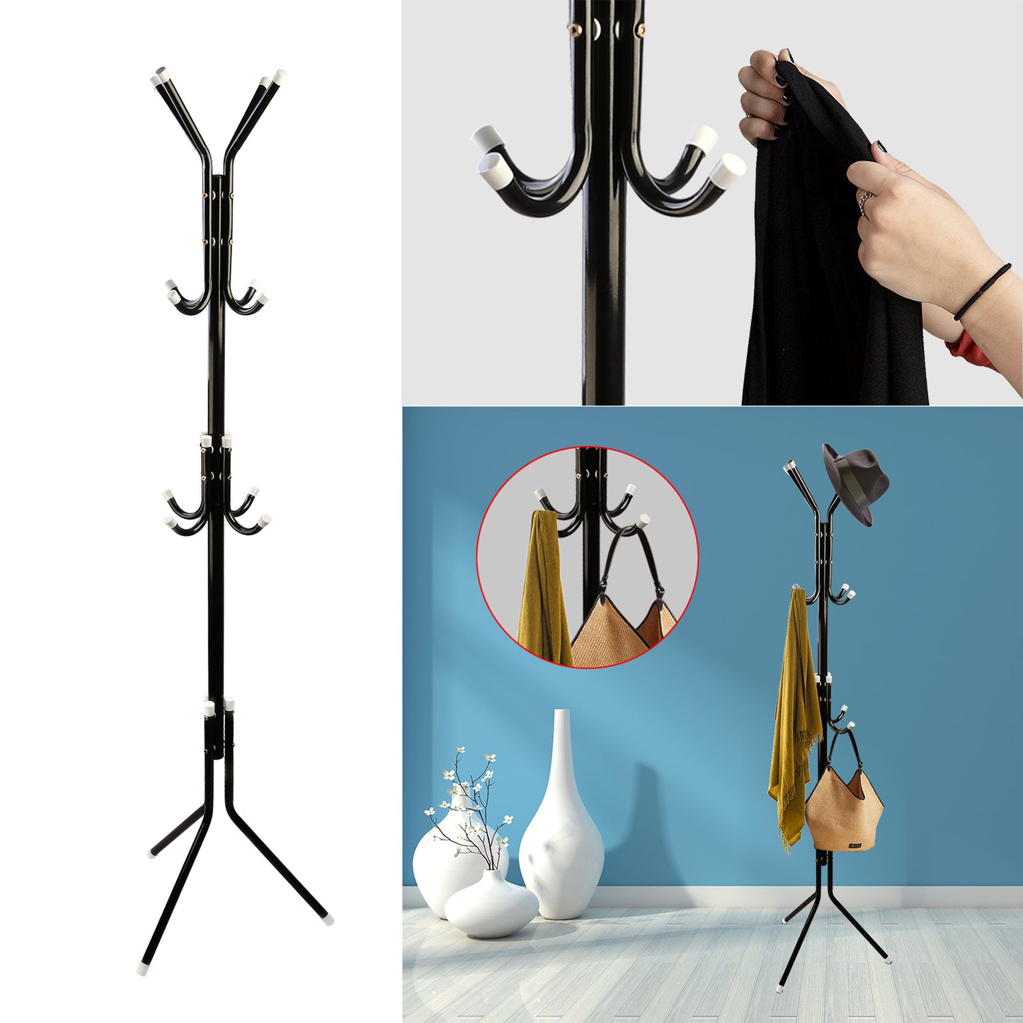 Standing Coat Rack with 8 Hooks - 3 Tier Metal Organizer