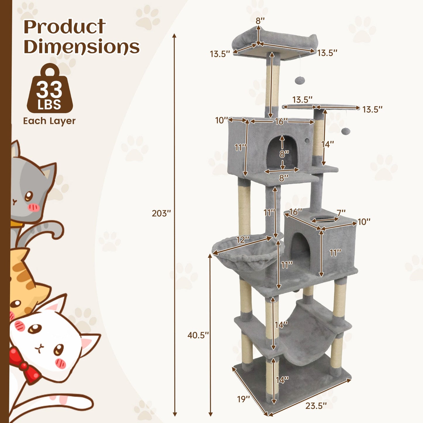 80 Inches Tall Cat Tree with 2 Large Condos and Dangling Toys