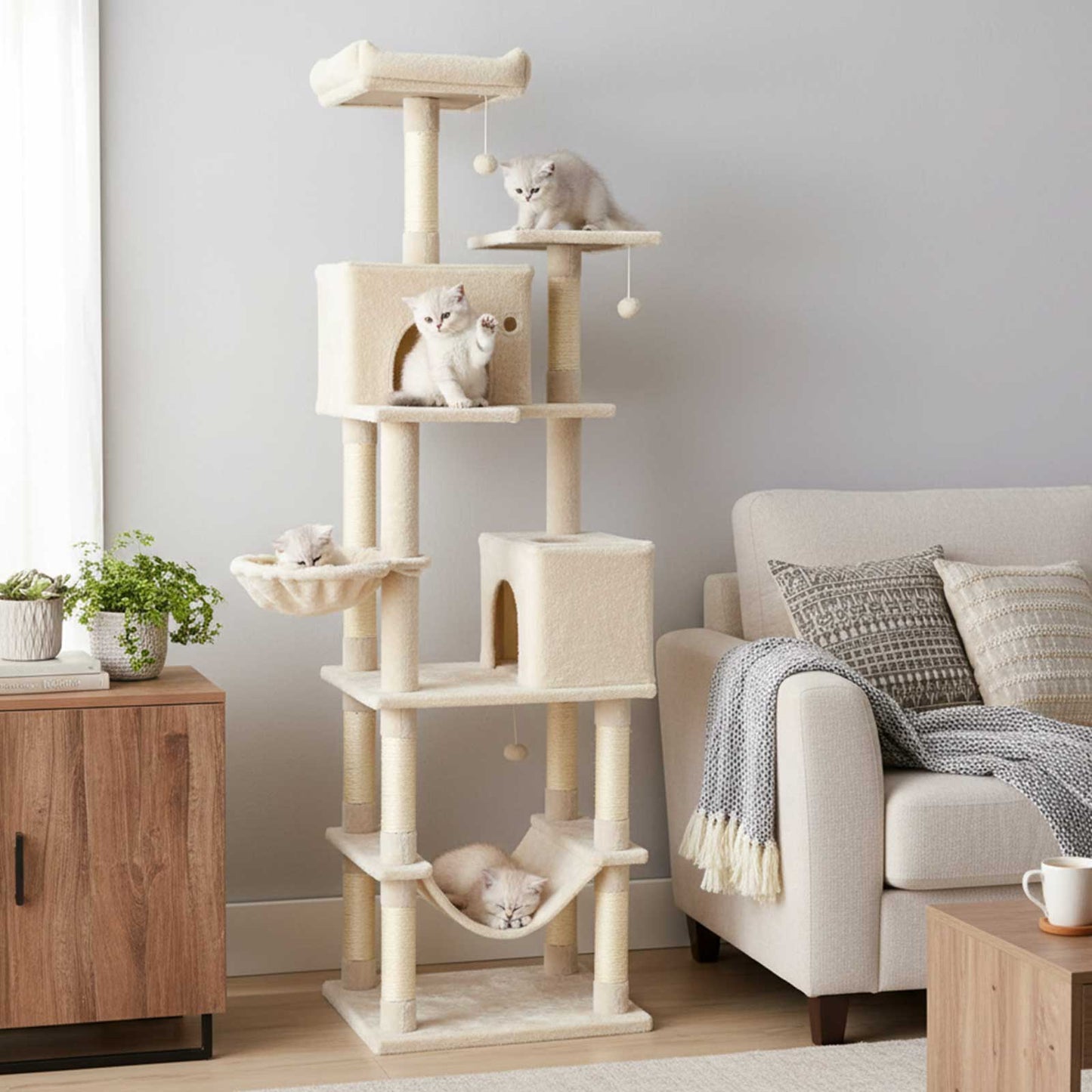 80 Inches Tall Cat Tree with 2 Large Condos and Dangling Toys