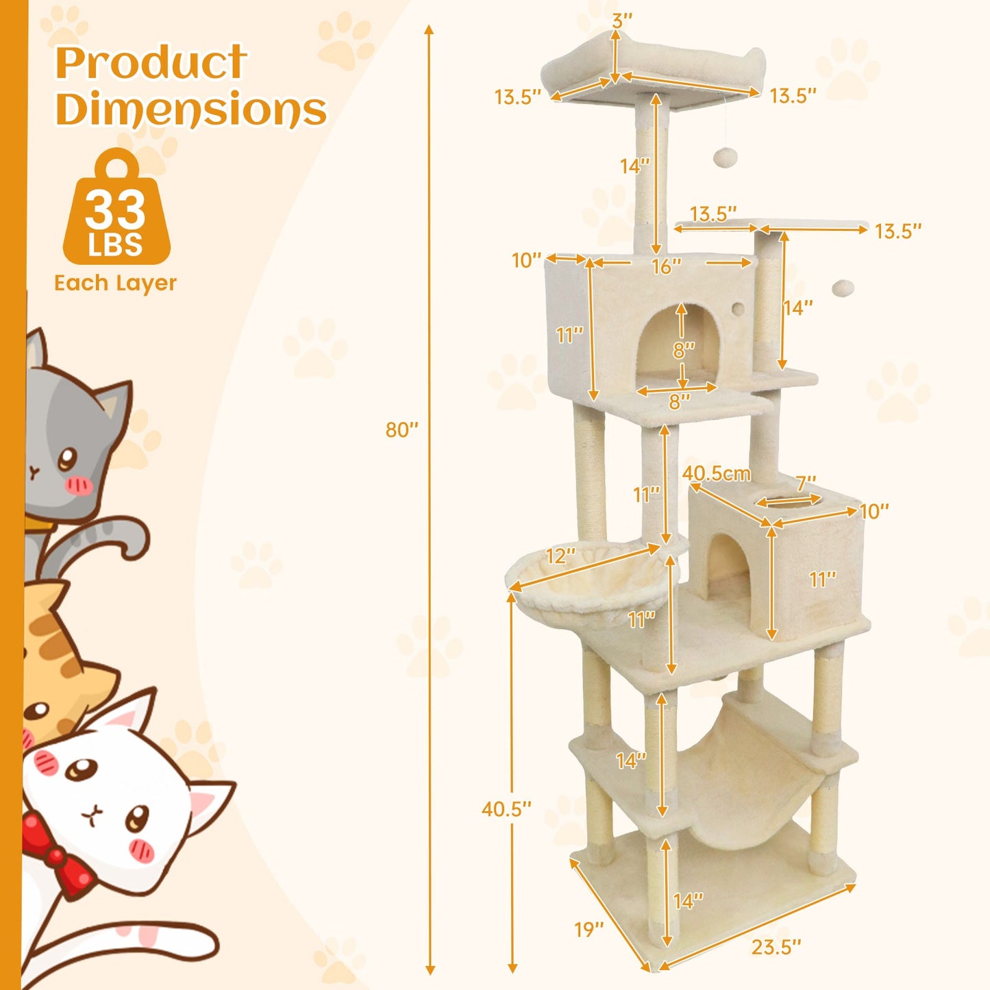 80 Inches Tall Cat Tree with 2 Large Condos and Dangling Toys