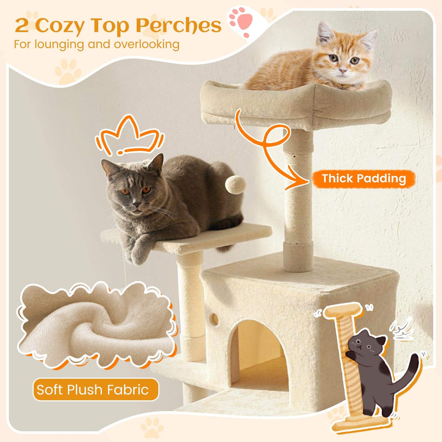 80 Inches Tall Cat Tree with 2 Large Condos and Dangling Toys