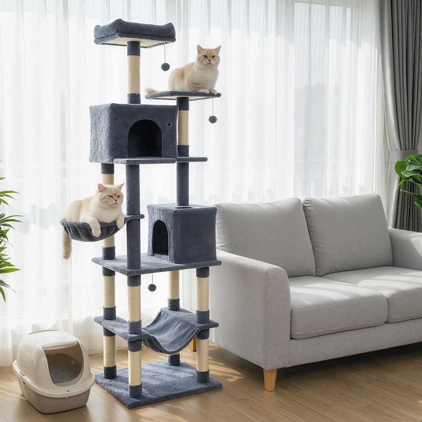 80 Inches Tall Cat Tree with 2 Large Condos and Dangling Toys