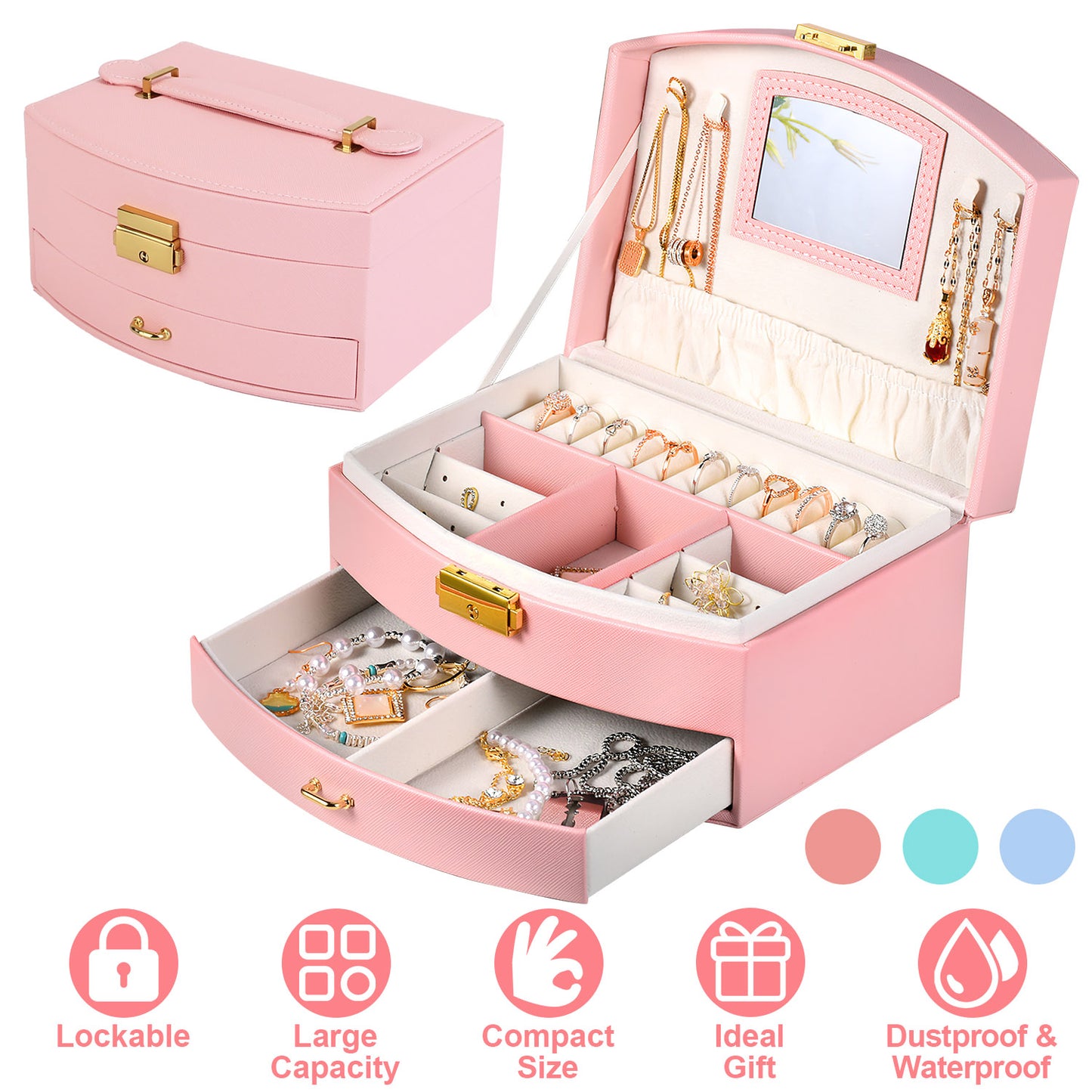 2-Layer Lockable Jewelry Box with Travel Handle & Mirror