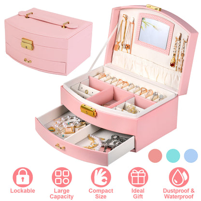 2-Layer Lockable Jewelry Box with Travel Handle & Mirror