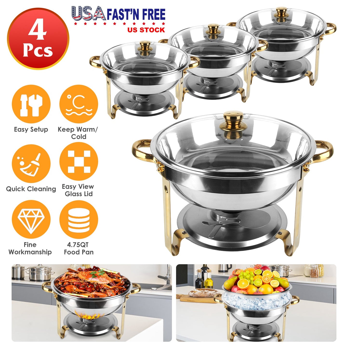 Chafing Dish Buffet Set 4-Pack 4.76QT Round Stainless Steel