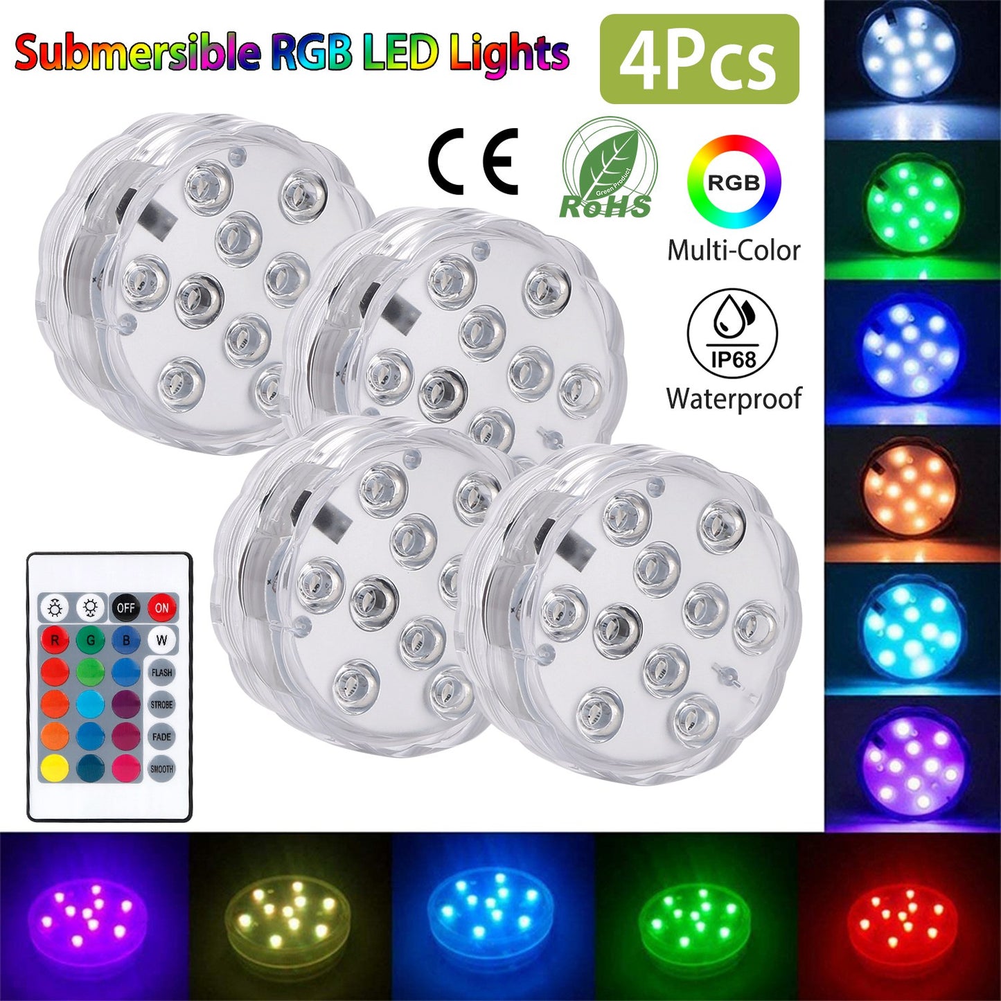 Submersible RGB LED Lights with Remote - 4 Pack Waterproof