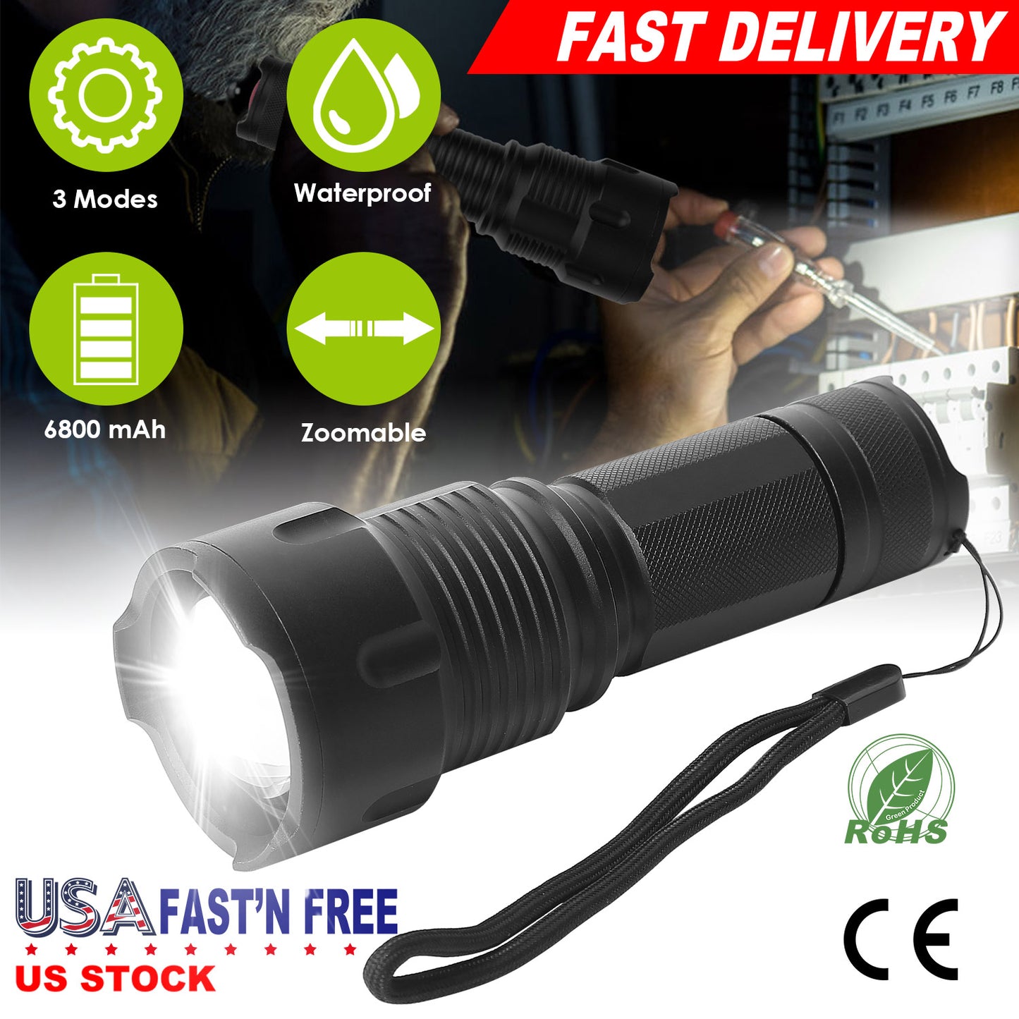 Rechargeable LED Flashlight with Zoomable Focus & 3 Modes