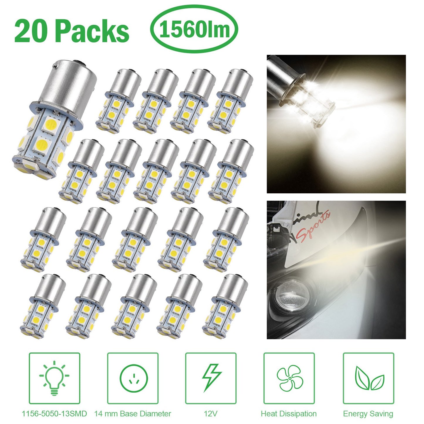 1156 LED Bulbs 13-SMD 4500K Warm White for Car Trailer (20-Pack)