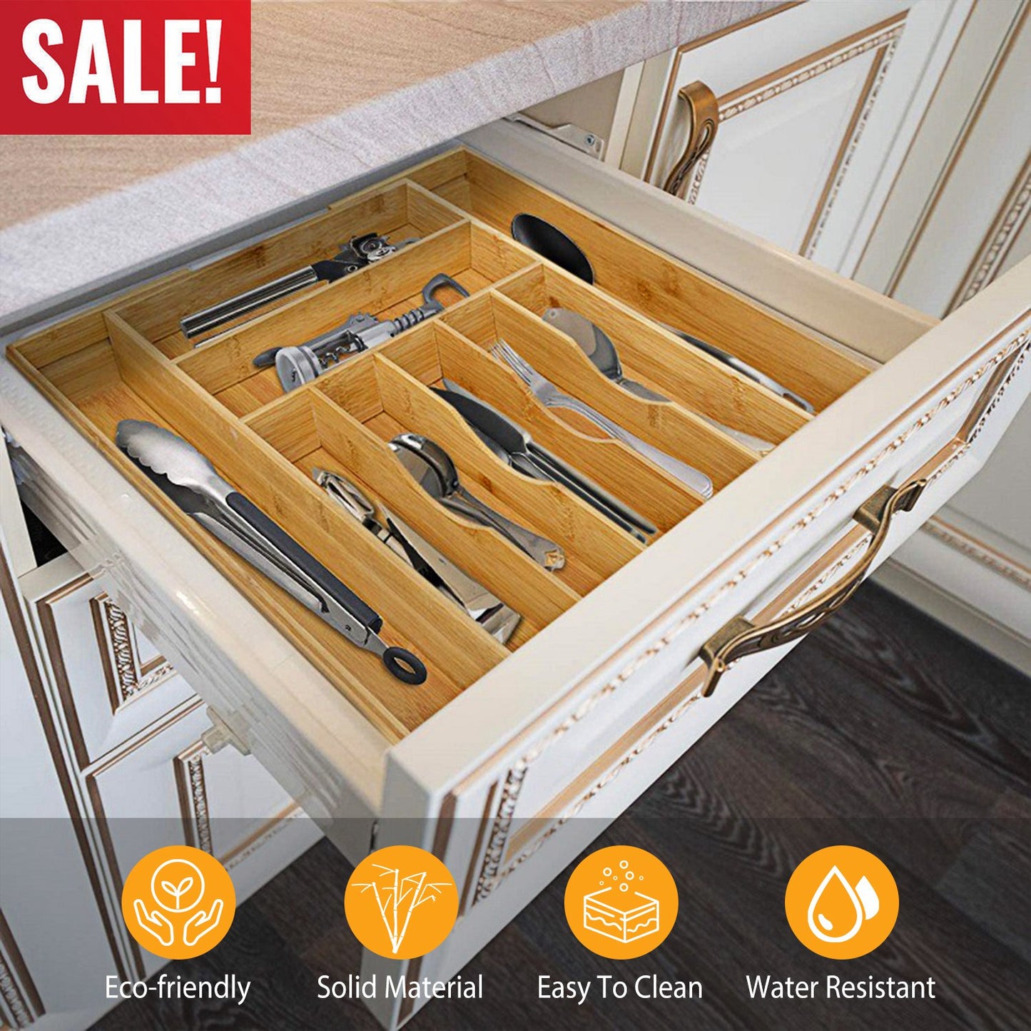 Expandable Bamboo Drawer Organizer with 9 Compartments