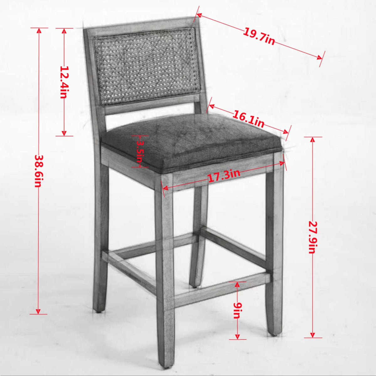 Solid Rubberwood Rattan Back Counter Stools Set of 2