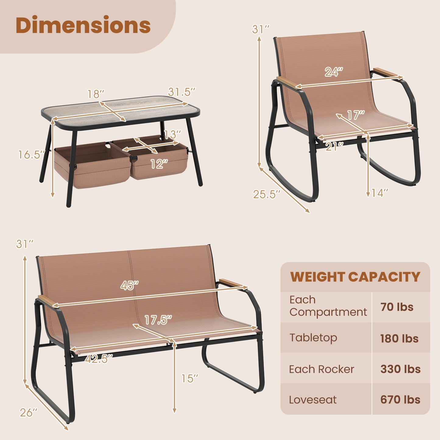4-Piece Patio Conversation Set with Rocking Chairs & Loveseat
