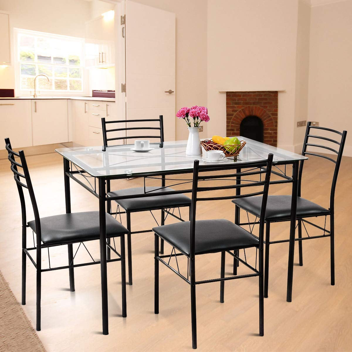 5-Piece Dining Set with Tempered Glass Table and Upholstered Chairs