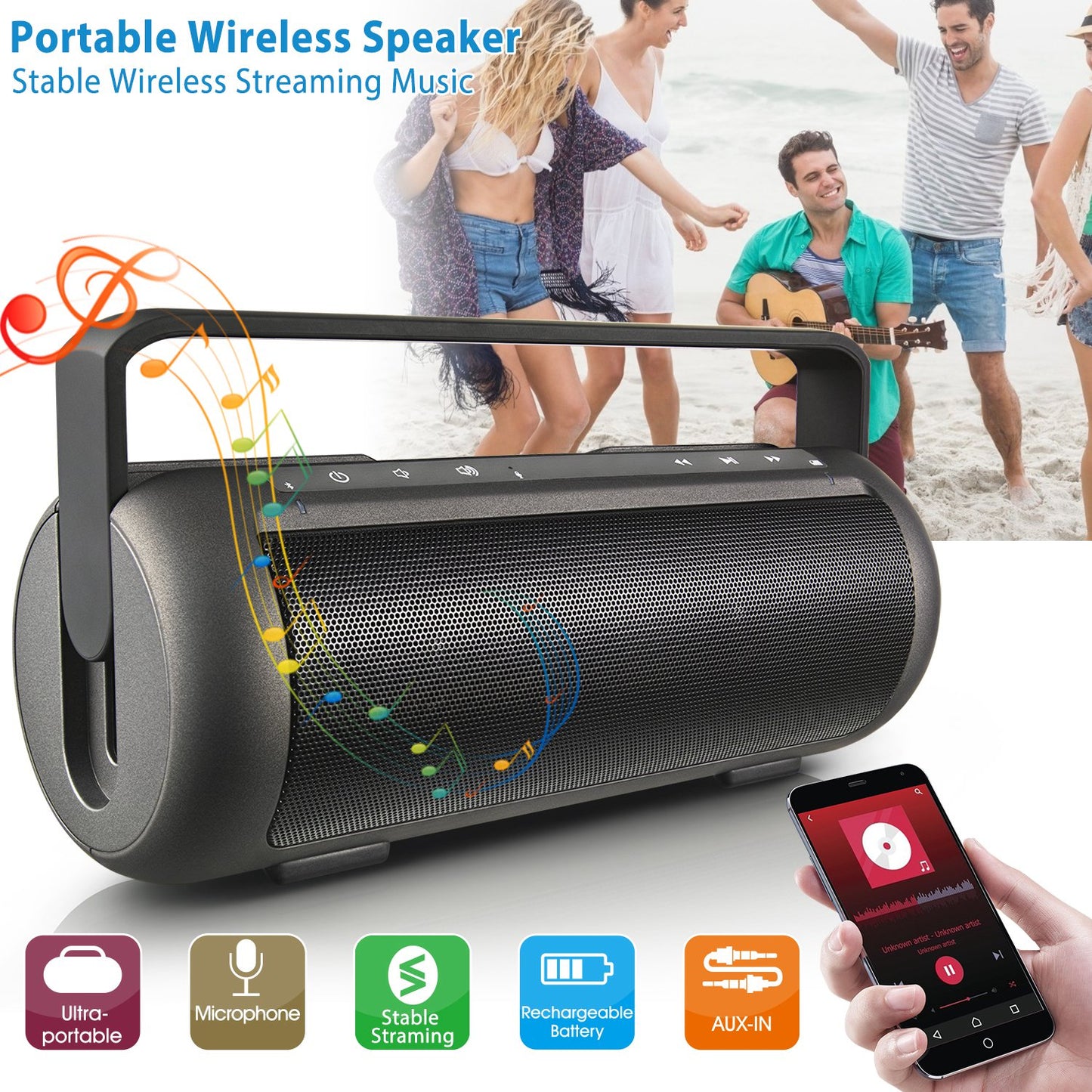 Portable Wireless Speaker with Dual Subwoofer & Microphone