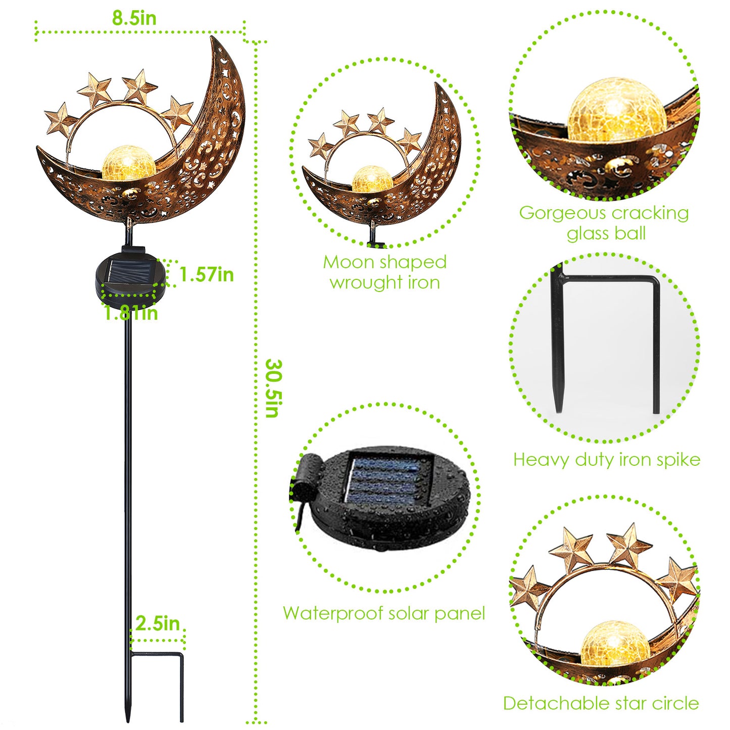 Solar Moon Star Garden Stake Light with Crackle Glass Globe