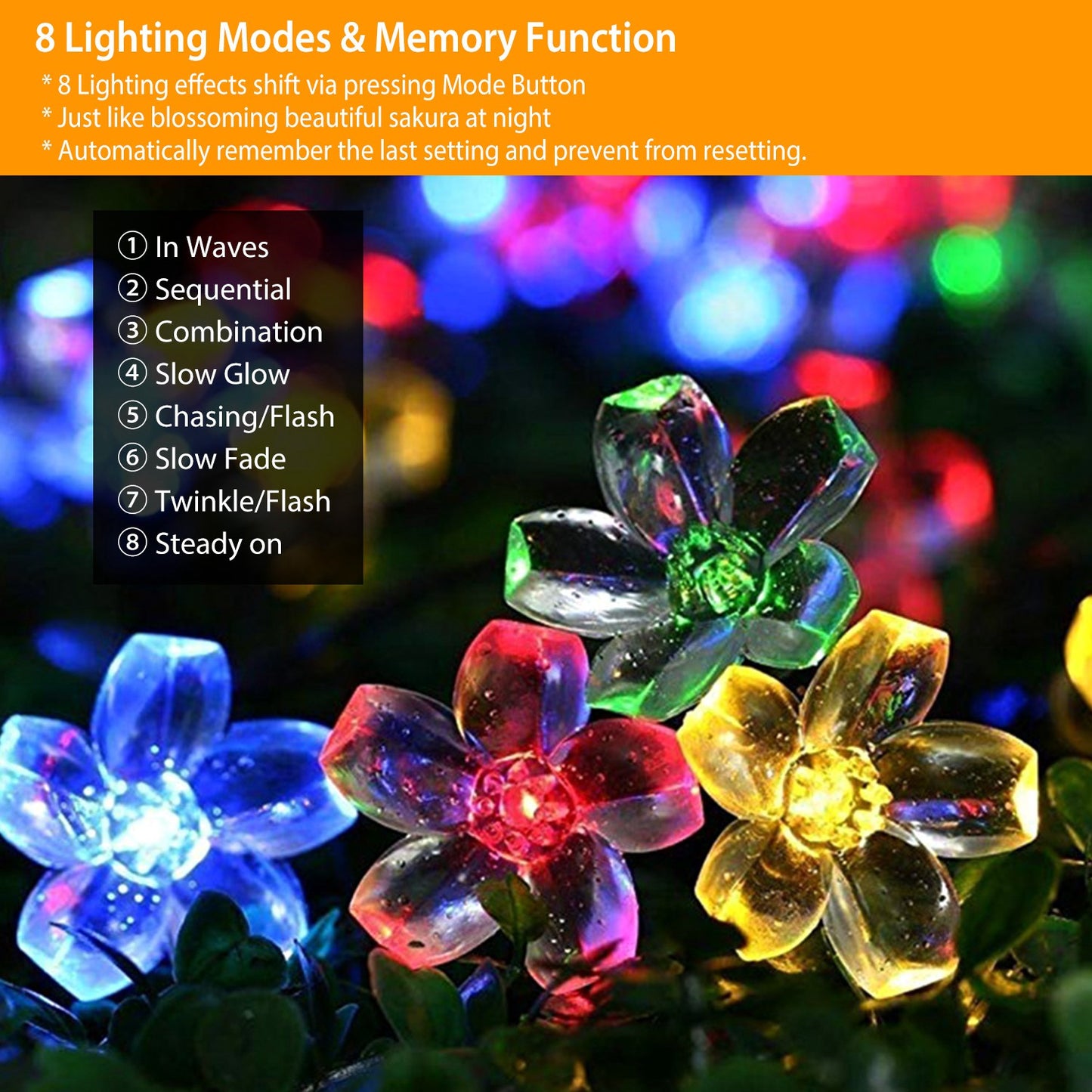 Solar Flower String Lights 50 LED Sakura Blossom 23ft Waterproof