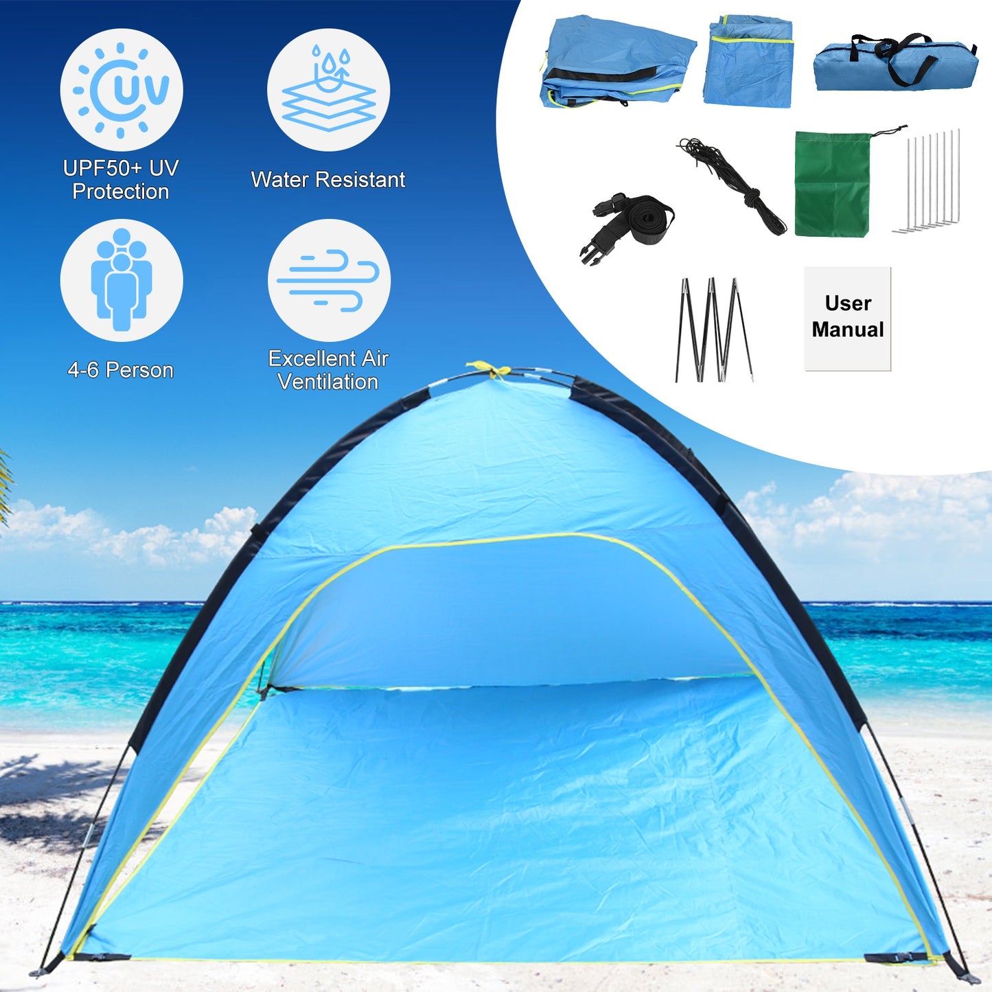 Beach Tent for 4-6 People with UPF 50+ Sun Protection