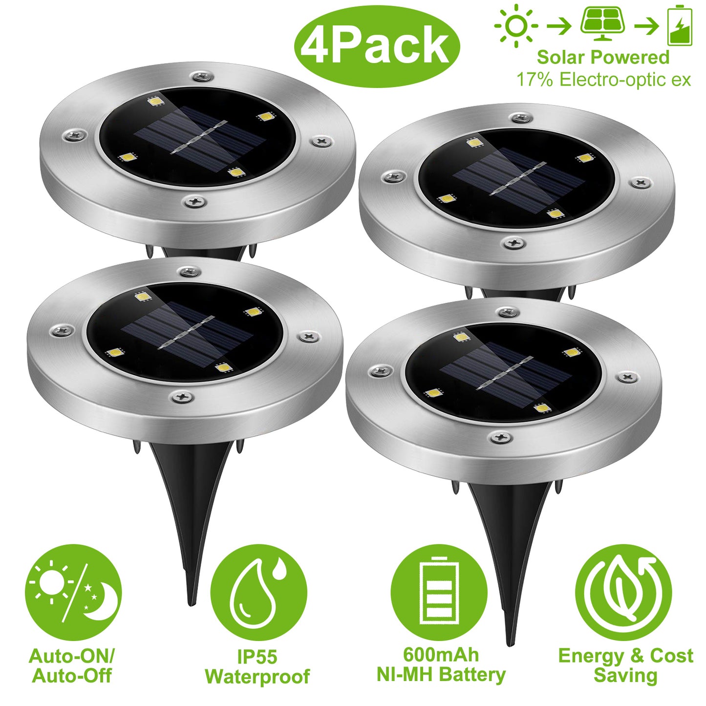 Solar Ground Lights 4-Pack Waterproof LED Pathway Lights