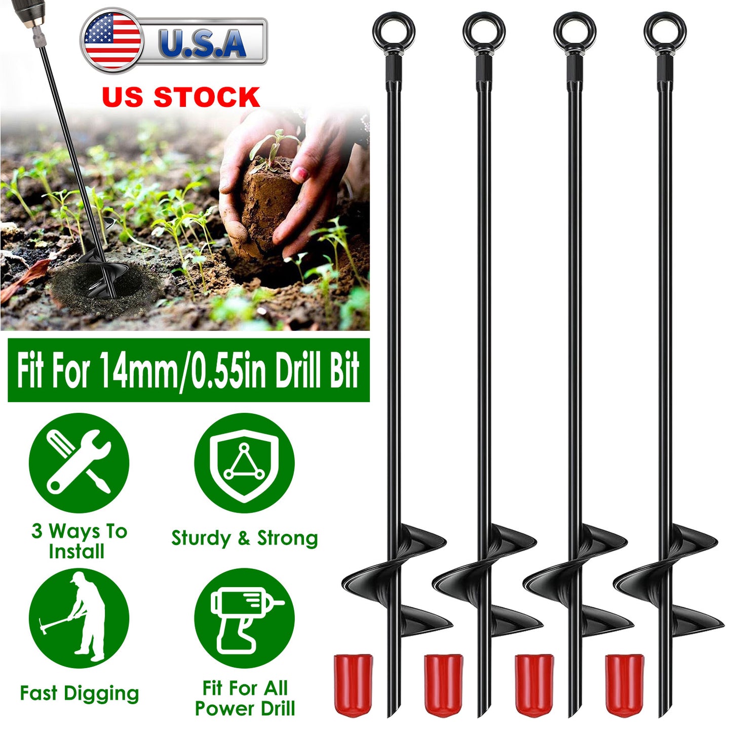 Ground Auger Stakes 4-Pack Heavy Duty 18" Steel Drill Bits