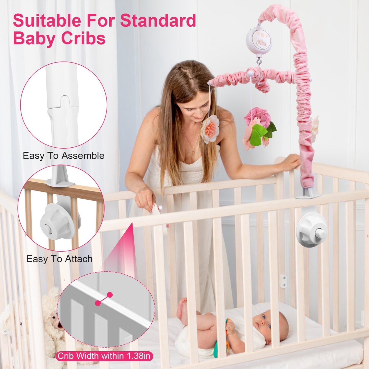 Musical Crib Mobile with 12 Melodies & Flower Rattles