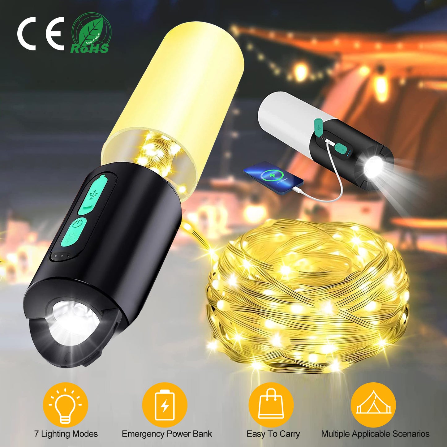 Rechargeable Camping Lantern with 33ft String Light & Power Bank