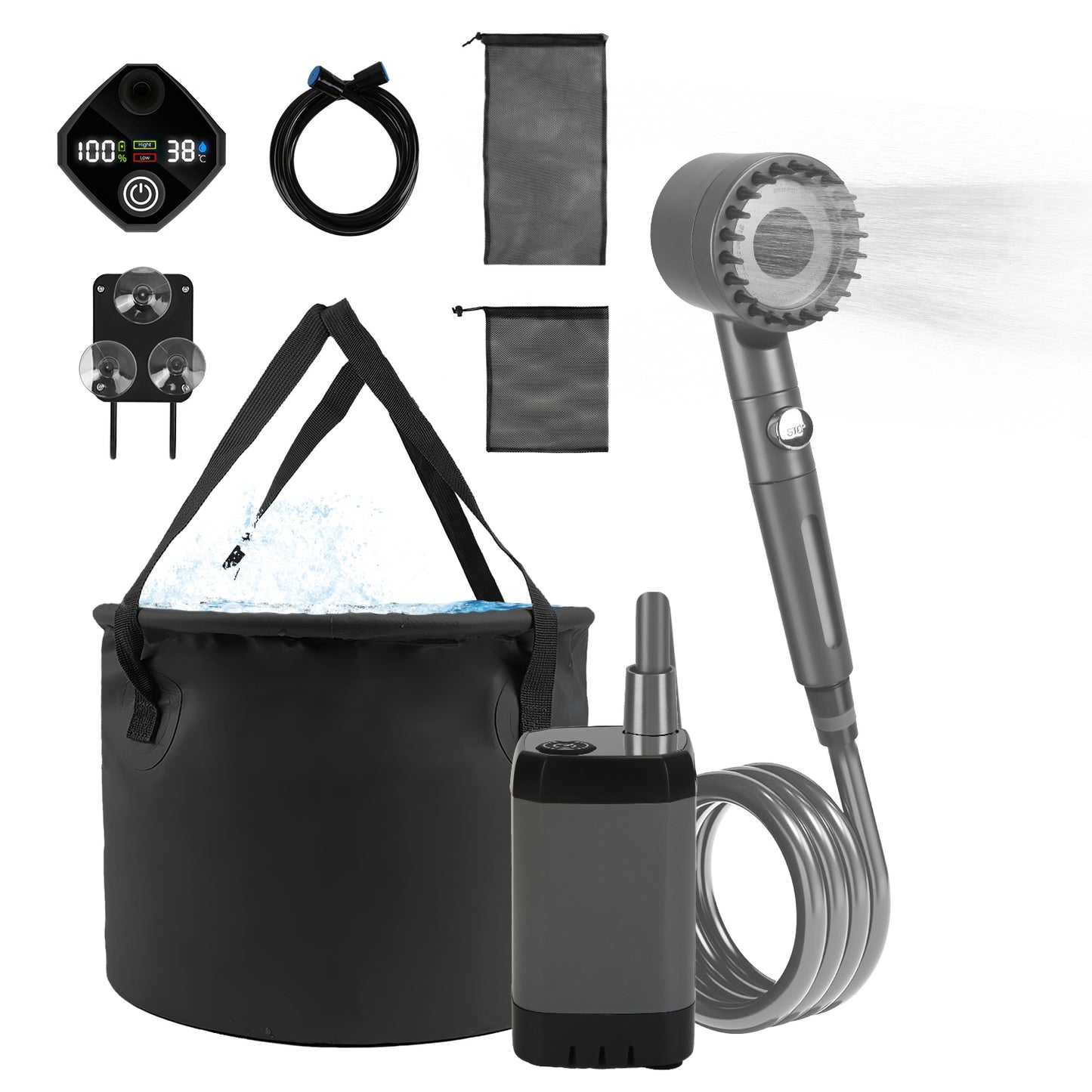 Portable Camping Shower with Rechargeable Pump & 5.3 Gallon Bucket