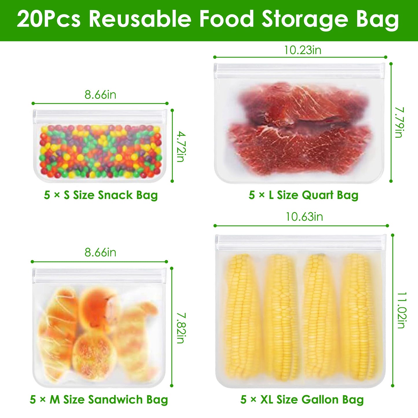 Reusable Food Storage Bags Set of 20 - Leakproof PEVA Freezer Bags