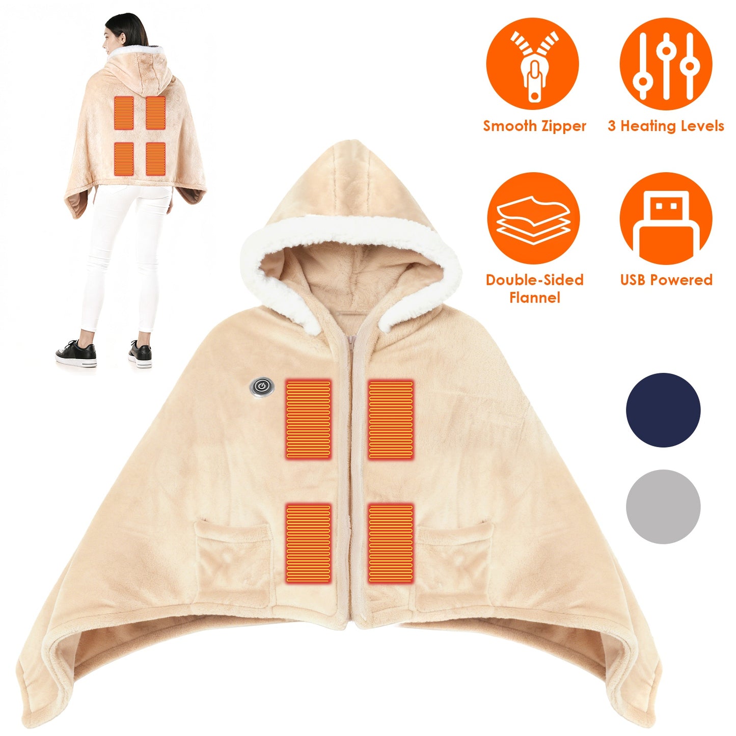 Wearable Heated Blanket with 8 Heating Zones & 3 Temperature Levels
