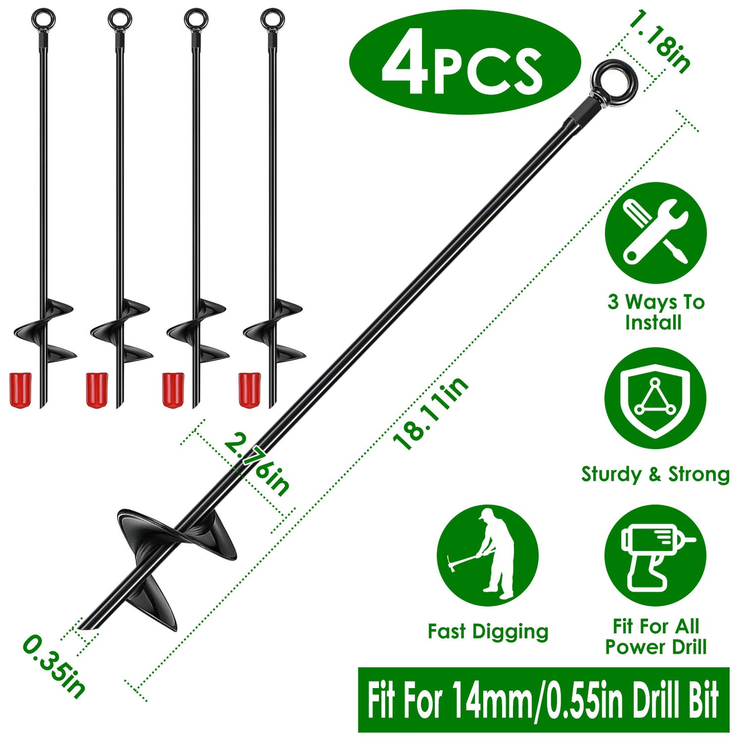 Ground Auger Stakes 4-Pack Heavy Duty 18" Steel Drill Bits