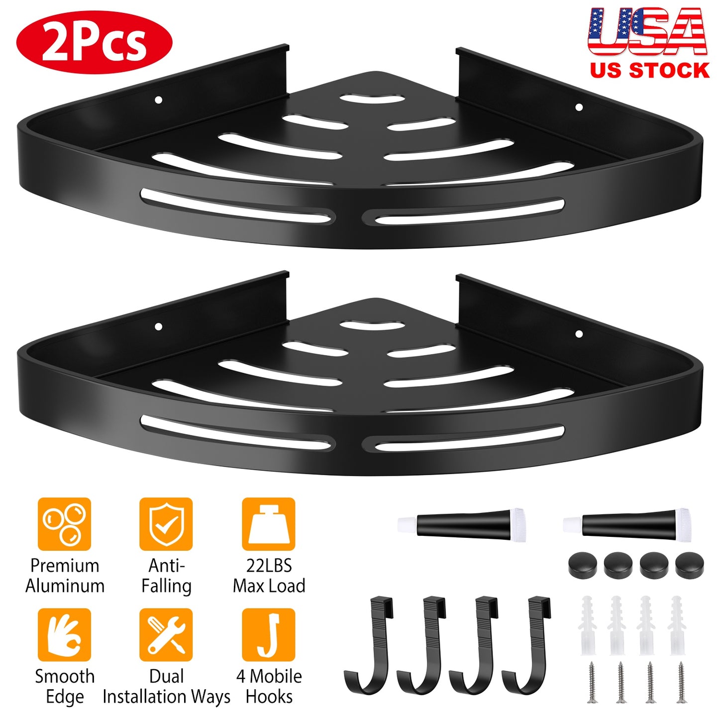 Corner Shower Caddy Shelf 2-Pack - Adhesive Wall Mount Aluminum