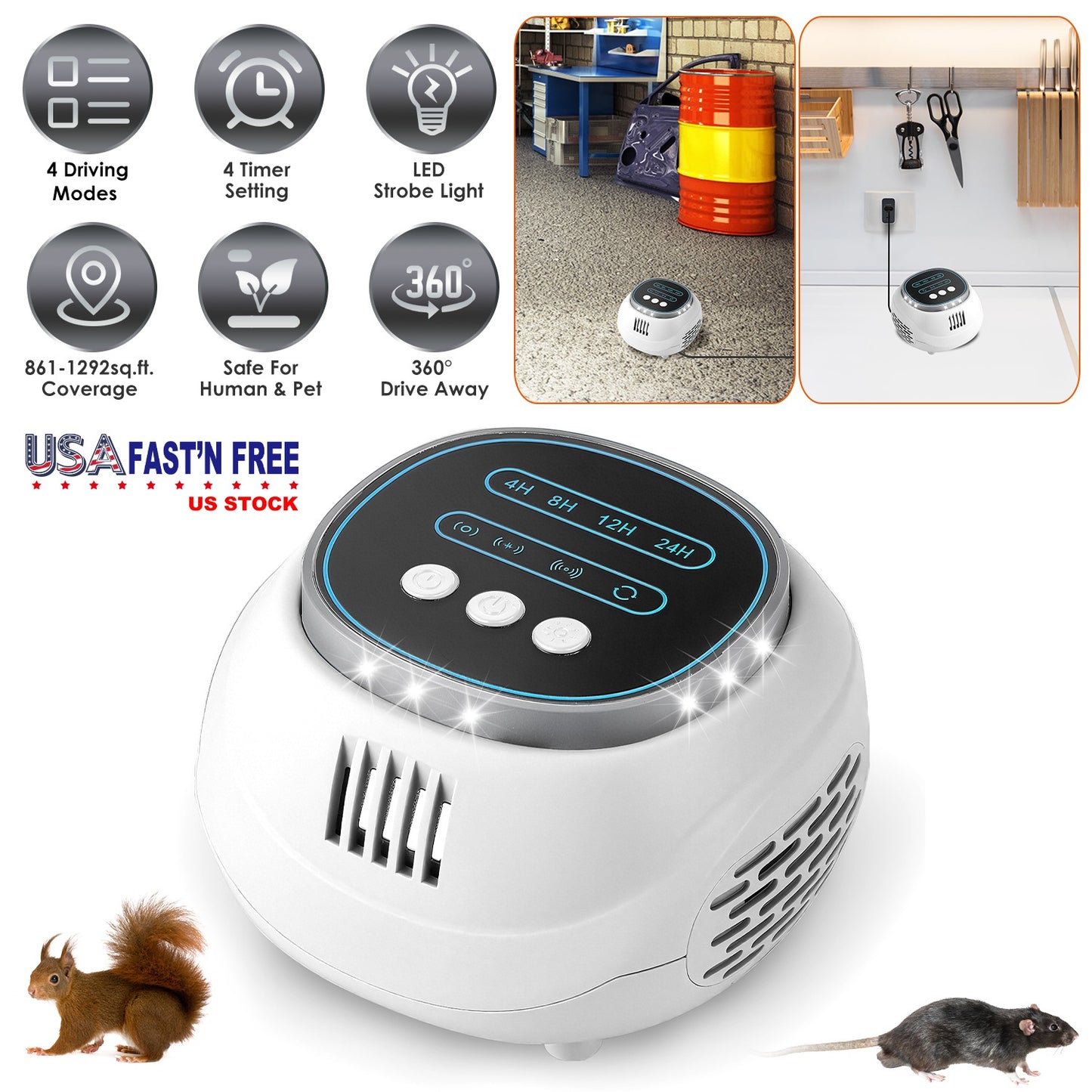 Ultrasonic Rodent Repeller with 4 Modes & Strobe Light