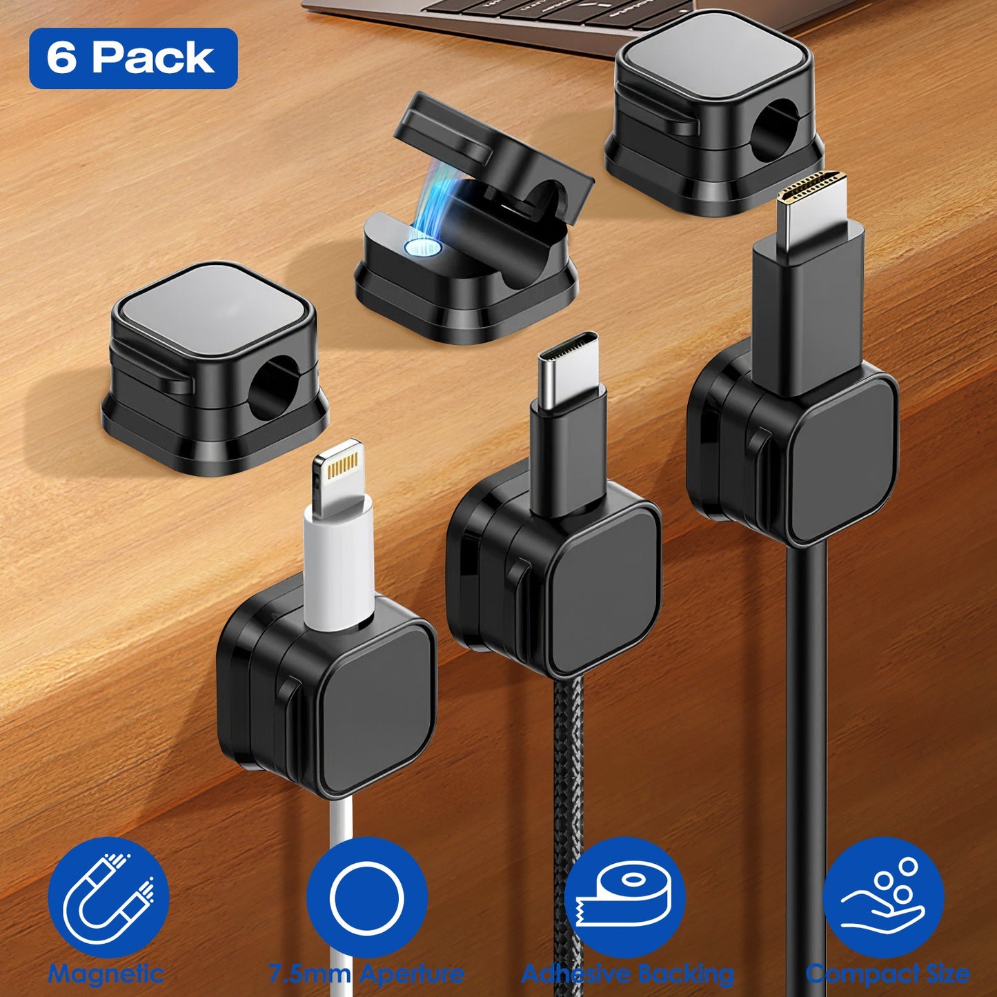 Magnetic Cable Clips 6-Pack - Adhesive Cord Organizer