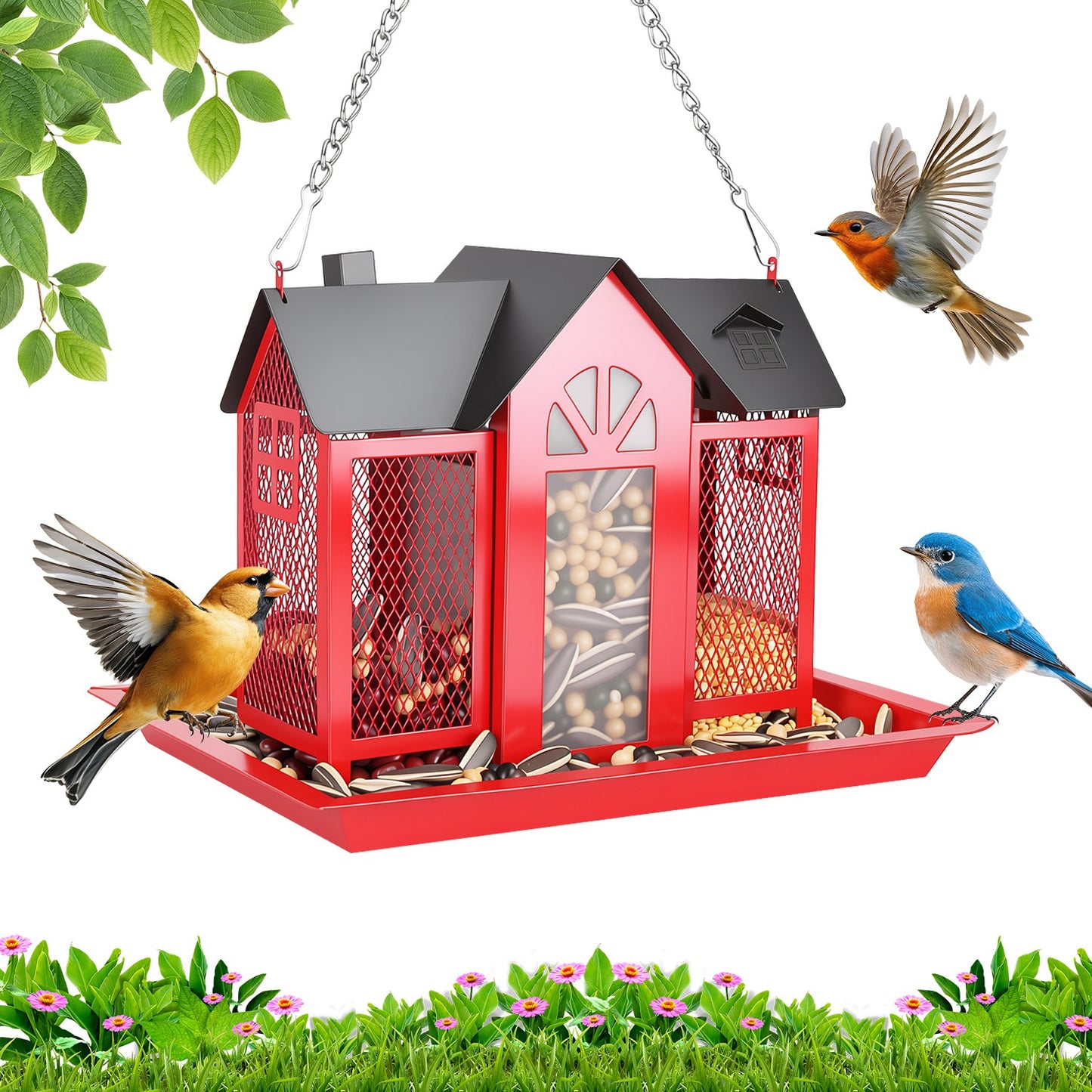 Barn Bird Feeder with Transparent Window & Lift Top Lid