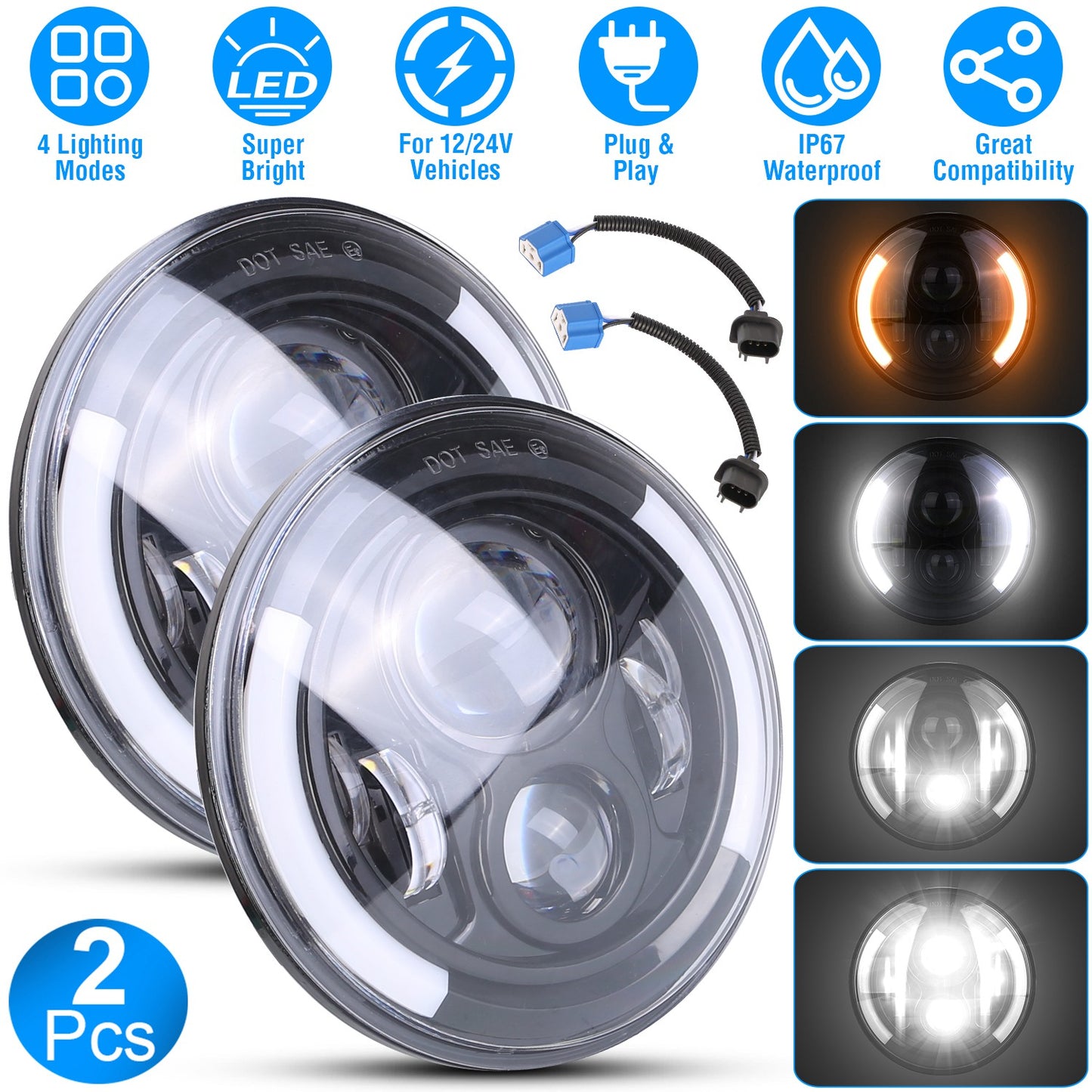 7 Inch Round LED Headlight with Halo DRL & Turn Signal