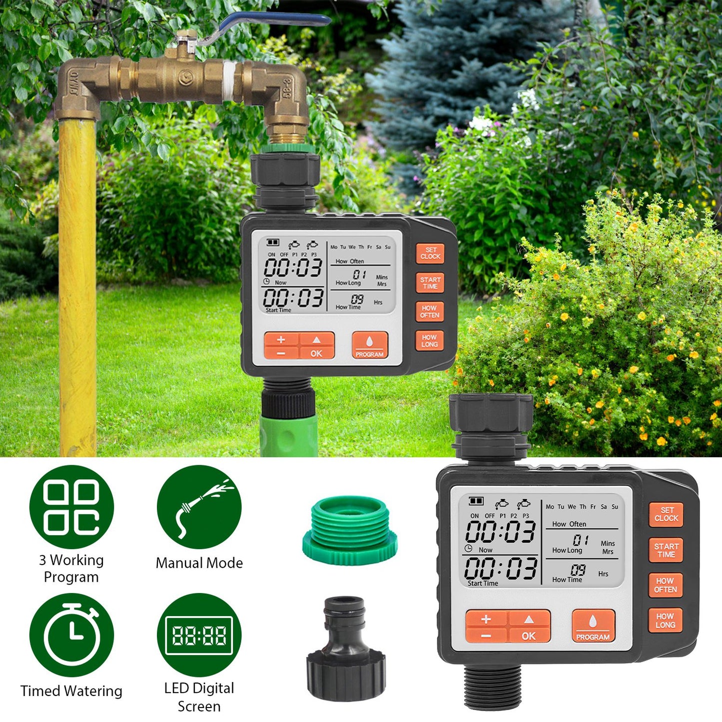 Sprinkler Timer with 3 Watering Programs and LED Display