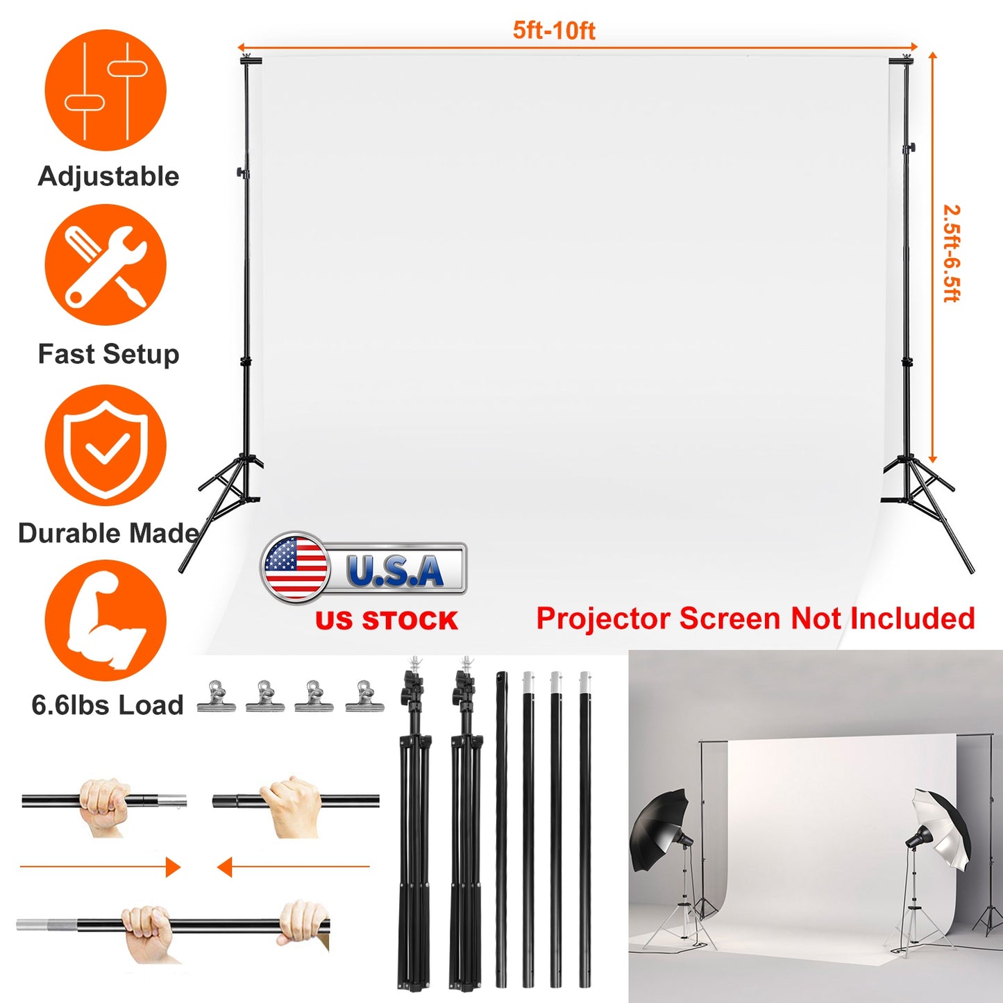 Backdrop Stand 6.5x10ft Adjustable Photography Support System