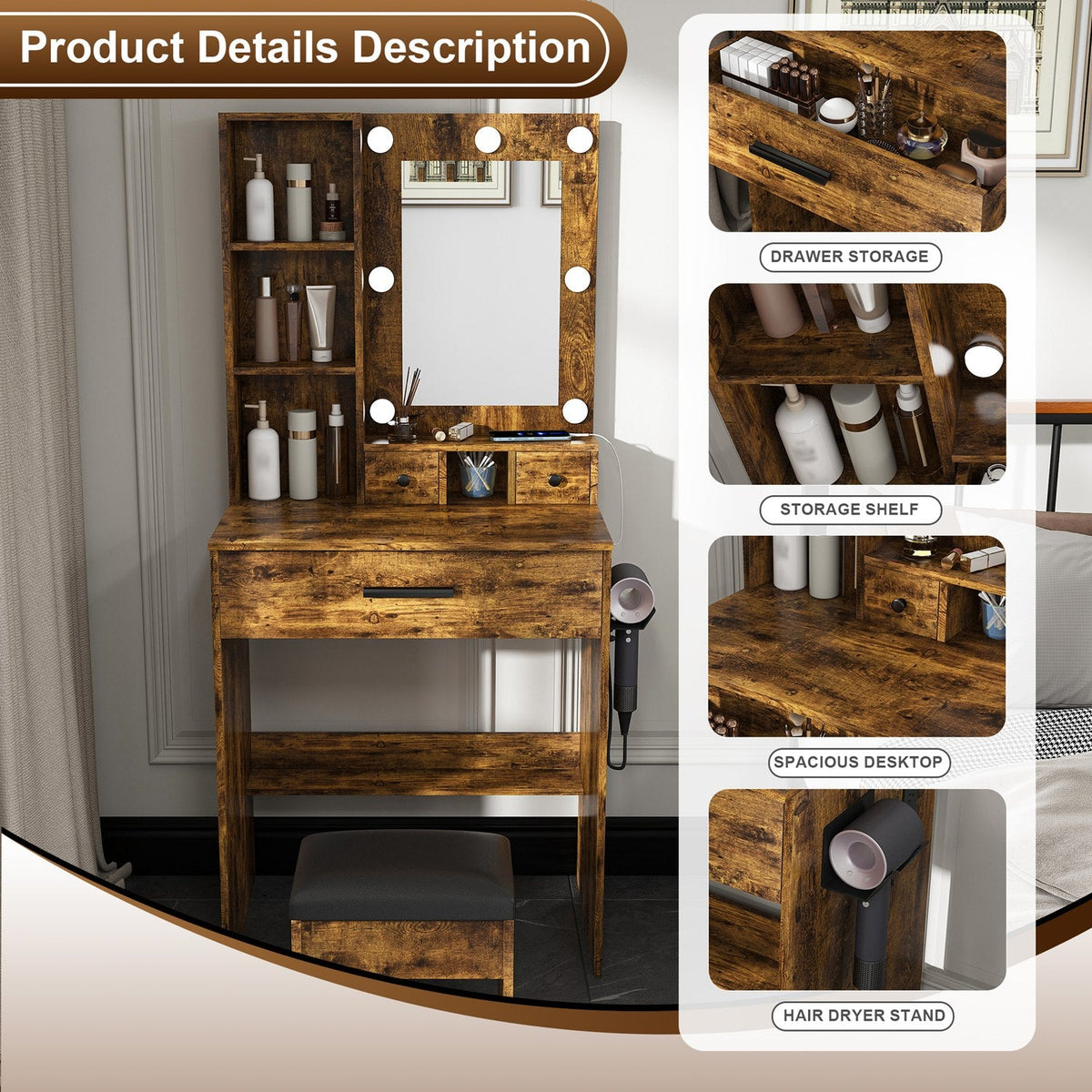 Vanity Desk Set with LED Lighted Mirror & Padded Stool