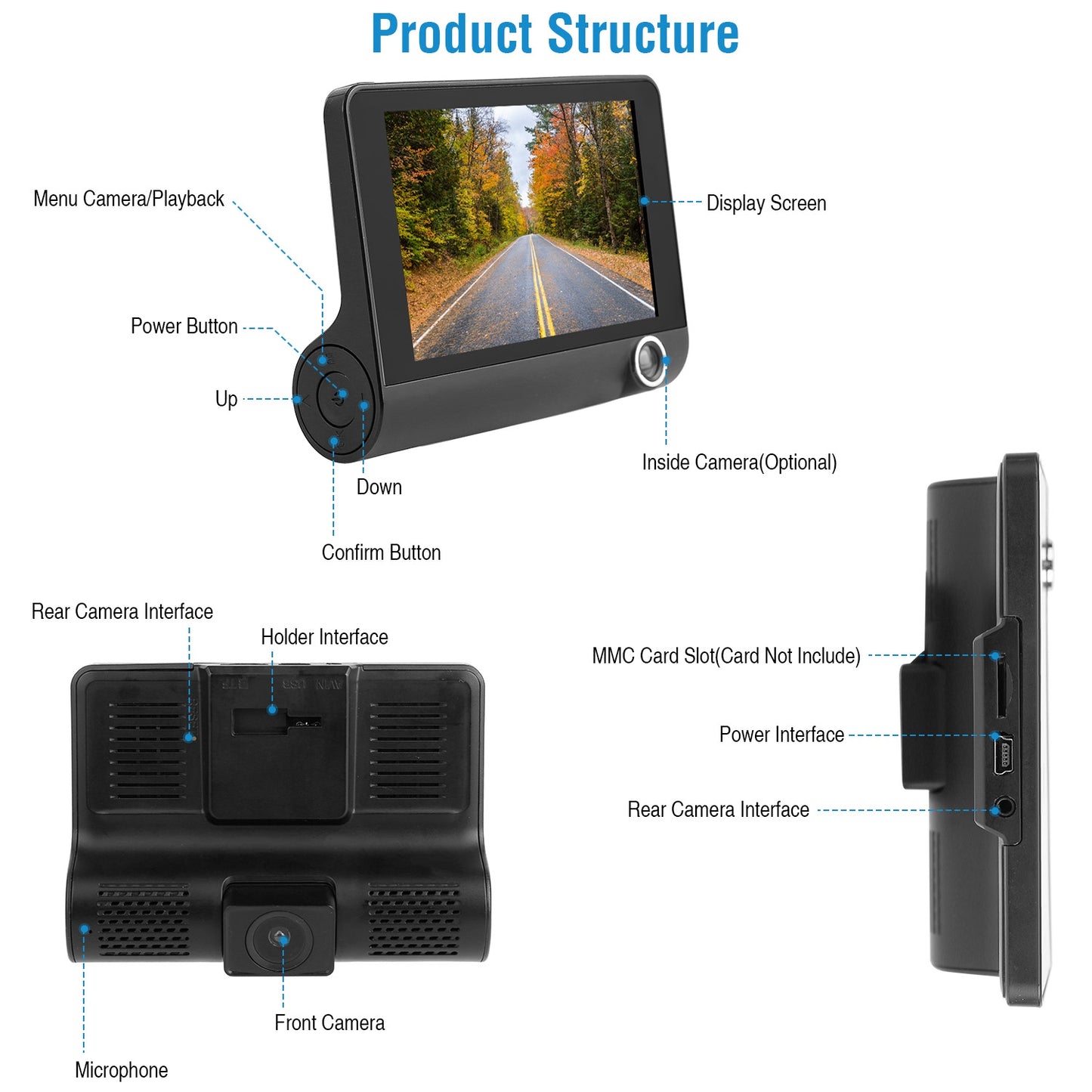 Dash Cam 3-Lens 1296P Front Rear Interior 4" Screen