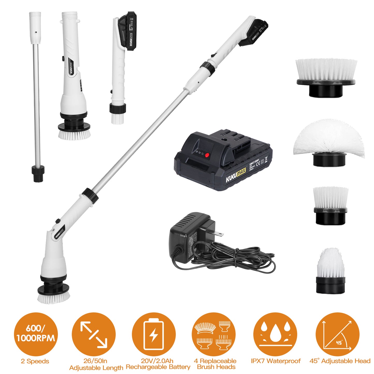Electric Spin Scrubber with 4 Brush Heads & Extension Rod