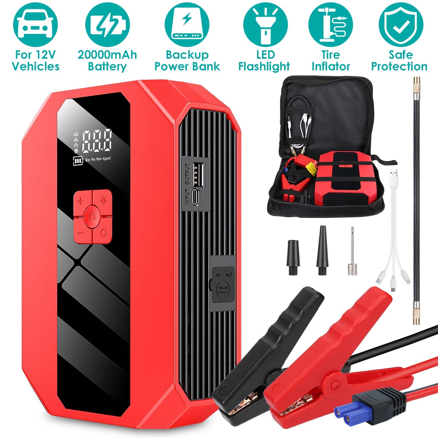 Car Jump Starter 1500A with Air Compressor & Power Bank